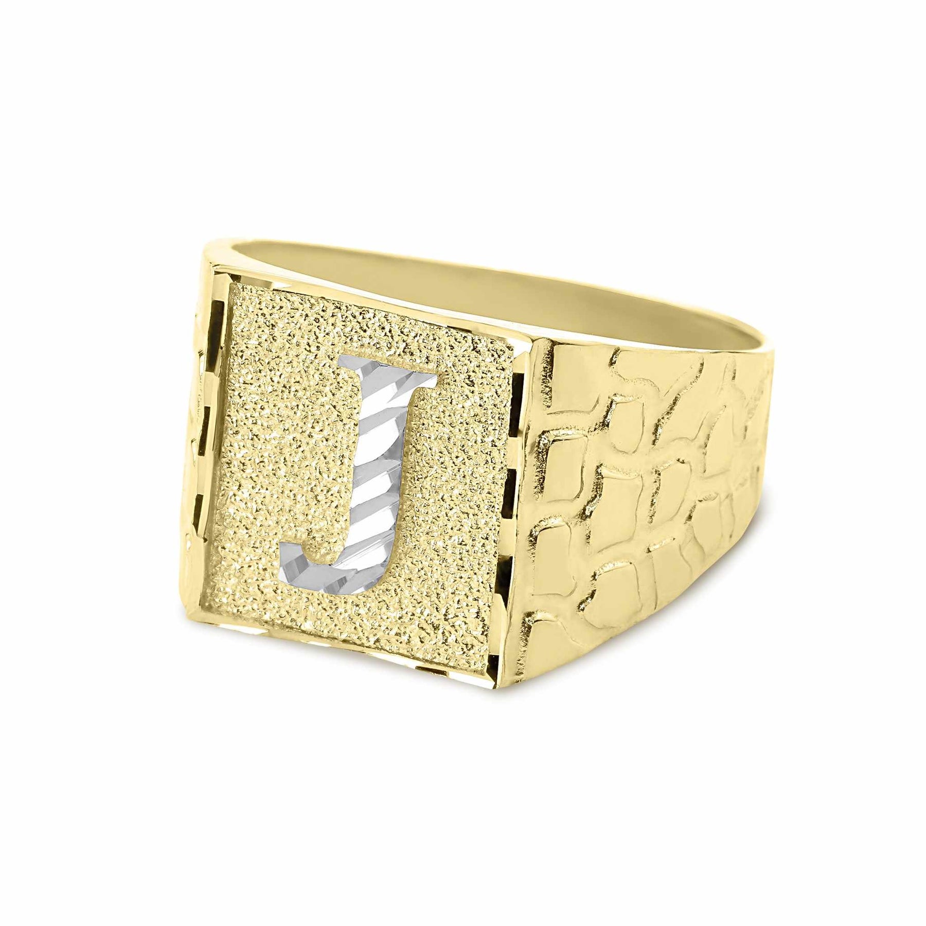 Side angle of men's gold square nugget ring with white gold initial J emblem.