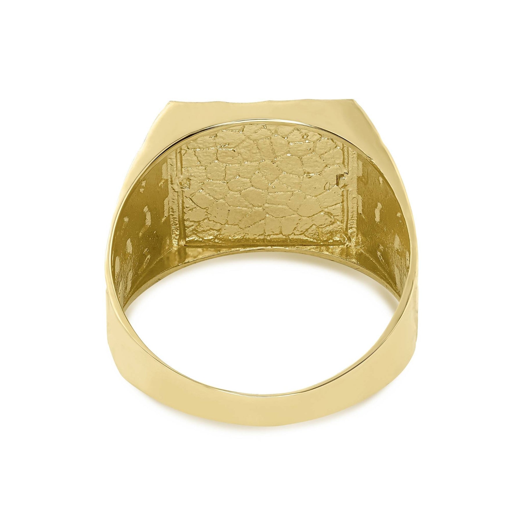 Back view of gold square nugget ring showcasing hollow openwork lattice inner band.