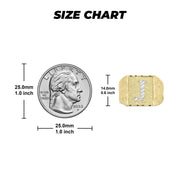 Gold initial J nugget ring size chart comparing head height to a US quarter.