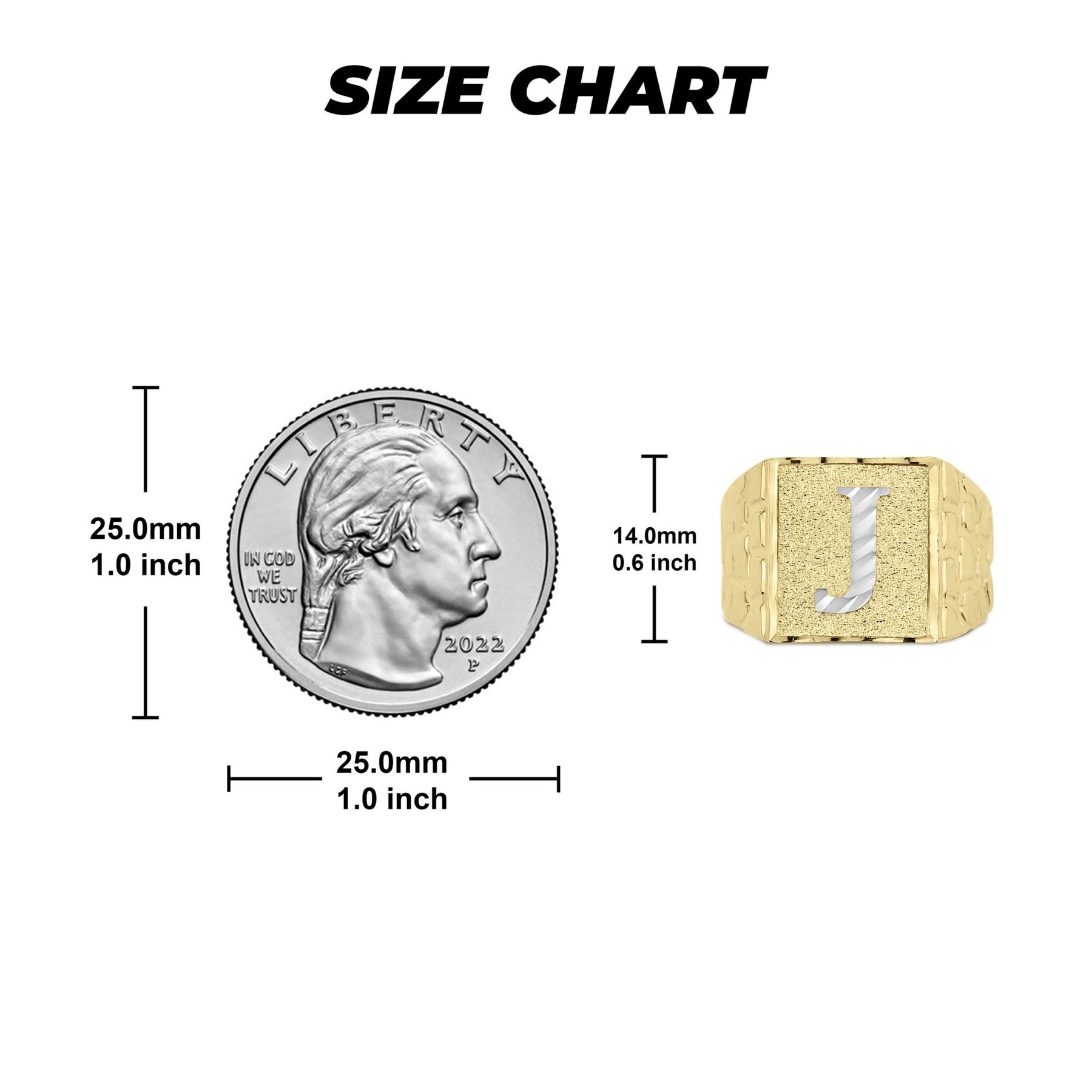 Gold initial J nugget ring size chart comparing head height to a US quarter.