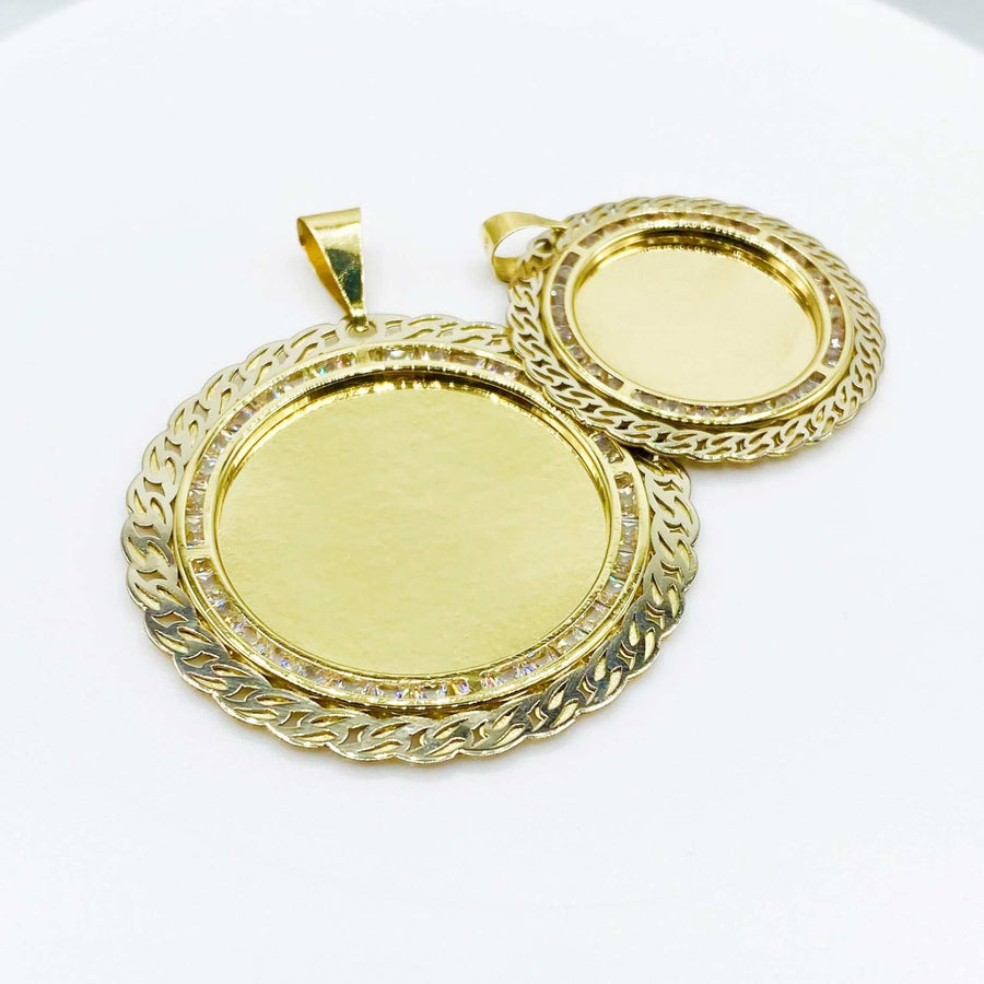Two round gold picture pendants with Cuban-link edges and CZ accents.