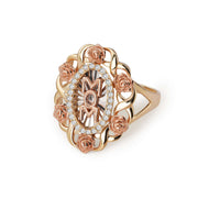 Yellow, white, and rose gold ring with 'MOM' lettering, cubic zirconia, and sculpted roses.