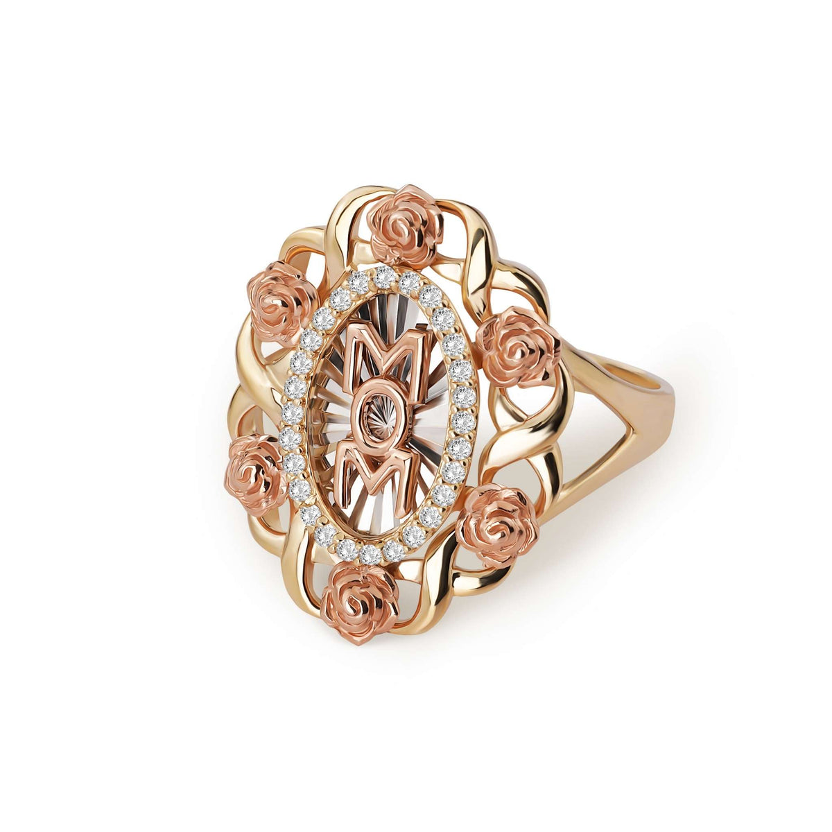 Yellow, white, and rose gold ring with 'MOM' lettering, cubic zirconia, and sculpted roses.
