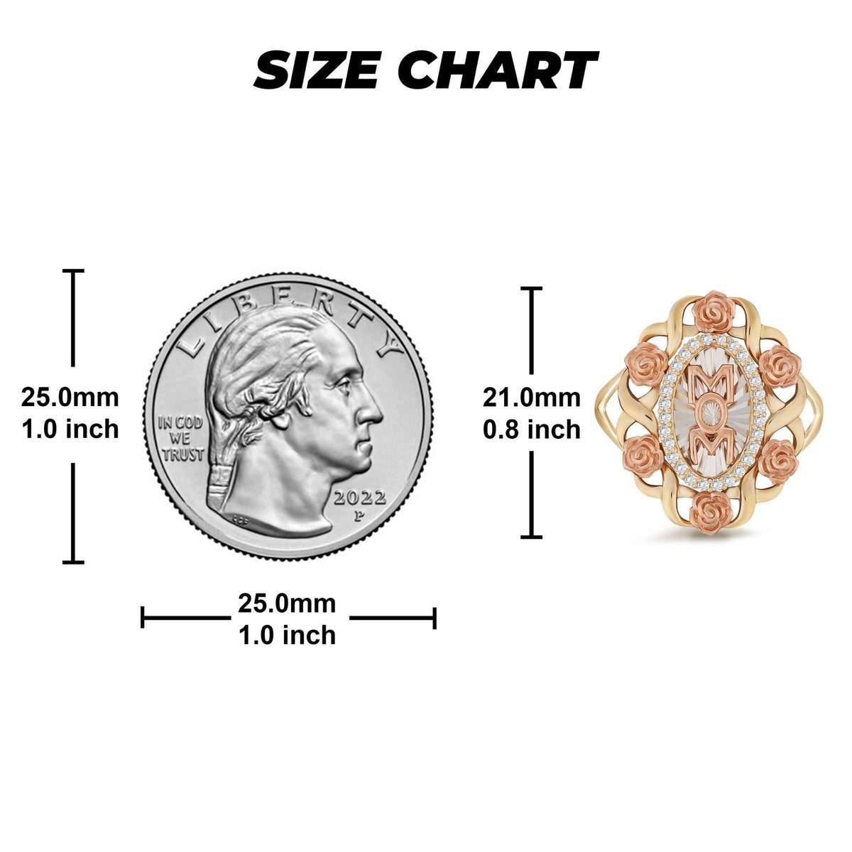 Size chart for the 10k & 14k Gold Mom Bloom Rose Tri-Color Round Ring comparing measurements to a quarter.