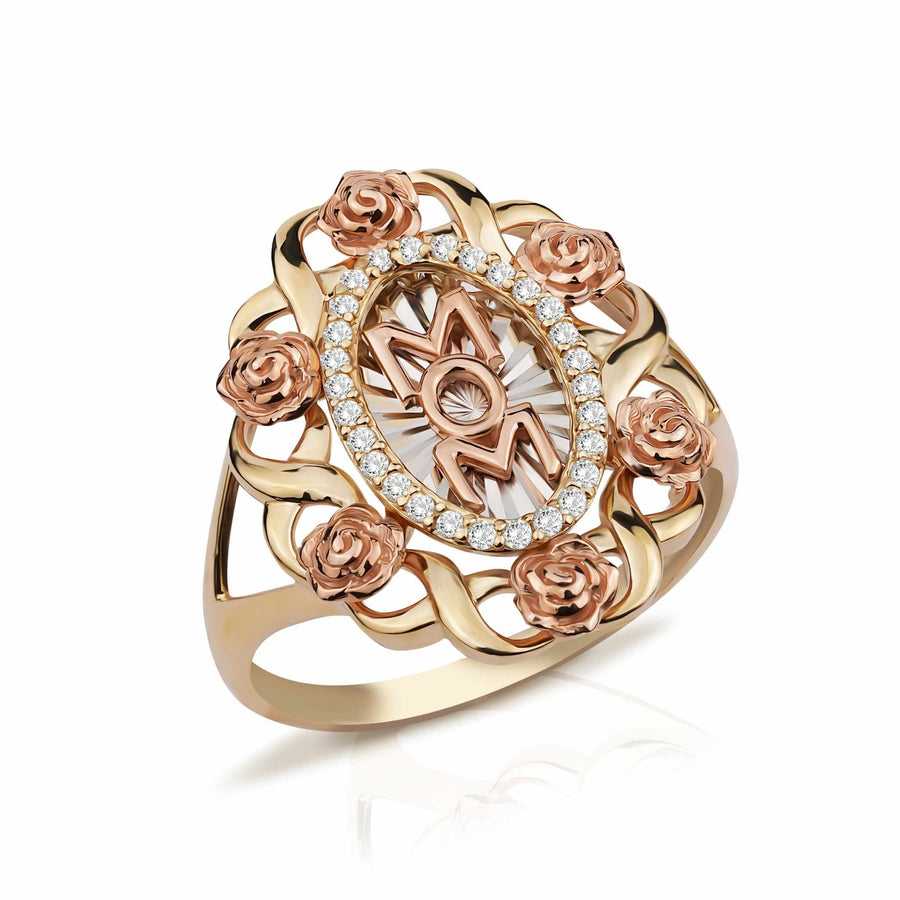 Tri-color gold ring featuring 'MOM' inside a cubic zirconia oval border with roses