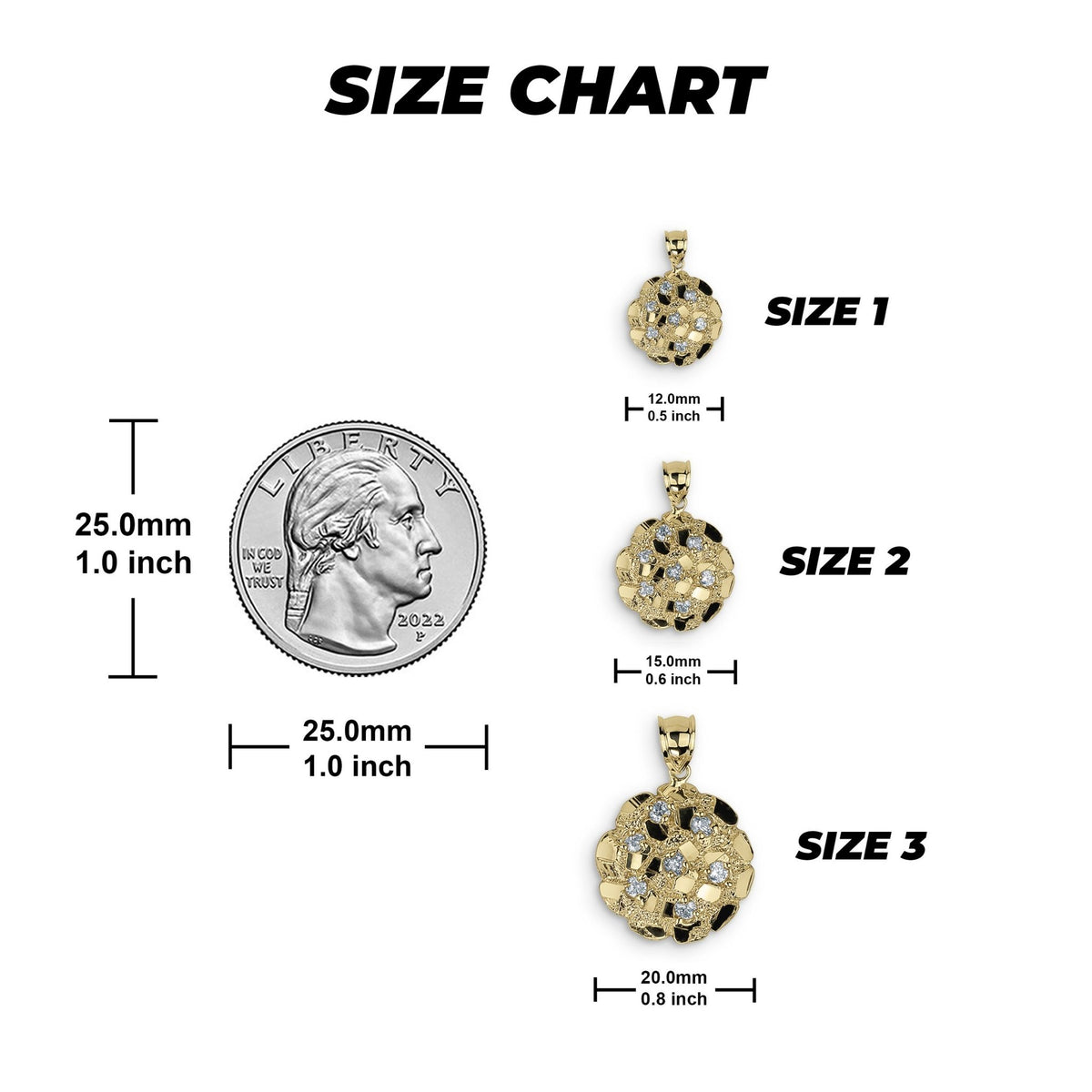 Size chart displaying dimensions in millimeters and inches for three gold pendant sizes with a coin reference.