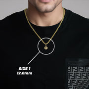 Close-up of a man wearing a gold chain necklace with a size 1 pendant dimension overlay.