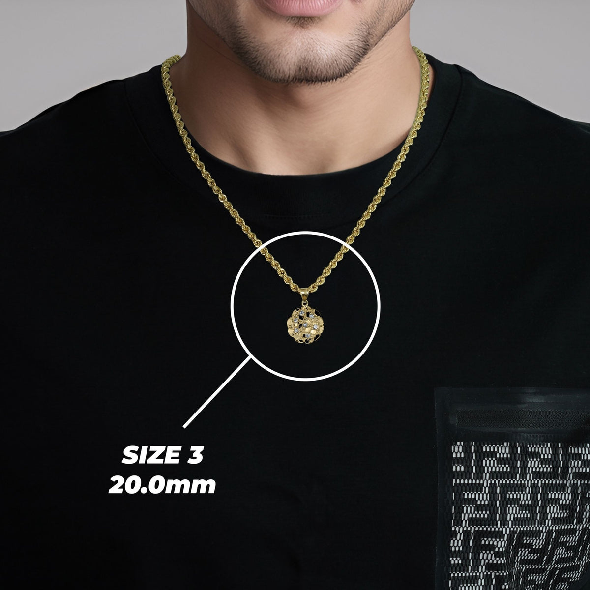 Close-up of a man wearing a gold chain necklace with a size 3 pendant dimension overlay.