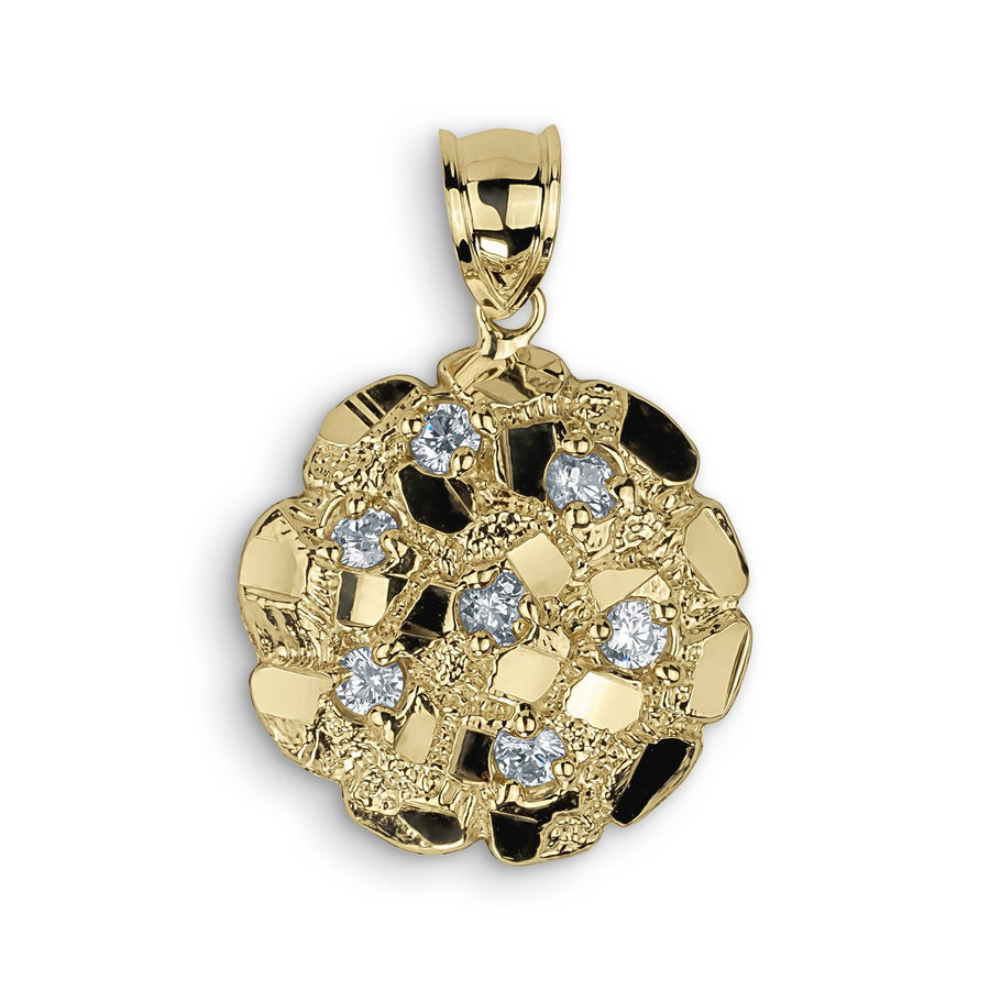 10k and 14k gold nugget round pendant accented with sparkling cubic zirconia stones.