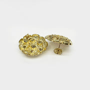 Rear view of two round gold nugget stud earrings showing screw back posts.