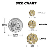 Size chart comparing small, medium, and large gold nugget cubic zirconia earrings to a quarter.