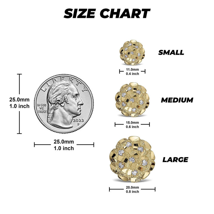 Size chart comparing small, medium, and large gold nugget cubic zirconia earrings to a quarter.