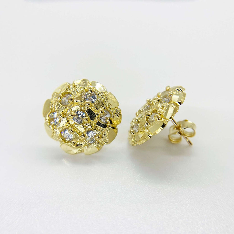 Gold nugget round stud earrings with sparkling cubic zirconia stones on a white background.
