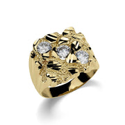 Close-up of a yellow gold square nugget ring featuring three inset cubic zirconia stones.