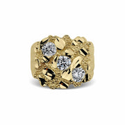 A brilliantly textured gold ring featuring three stunning, vertically stacked sparkling gemstones.