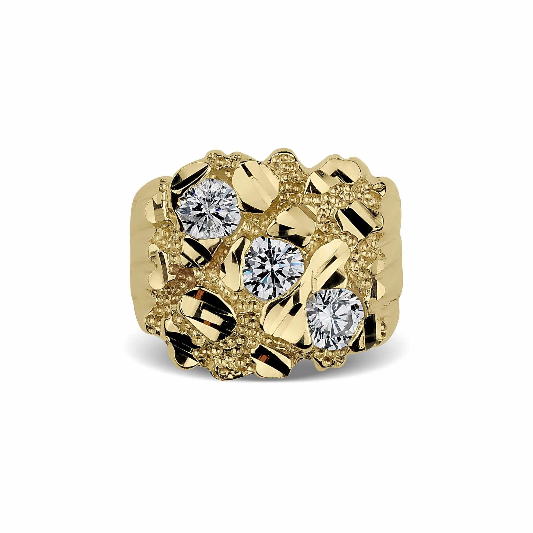 A brilliantly textured gold ring featuring three stunning, vertically stacked sparkling gemstones.
