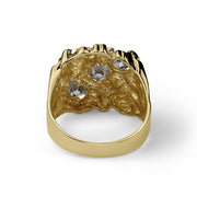 Inner band and back view of a gold square nugget ring showing the gemstone settings.