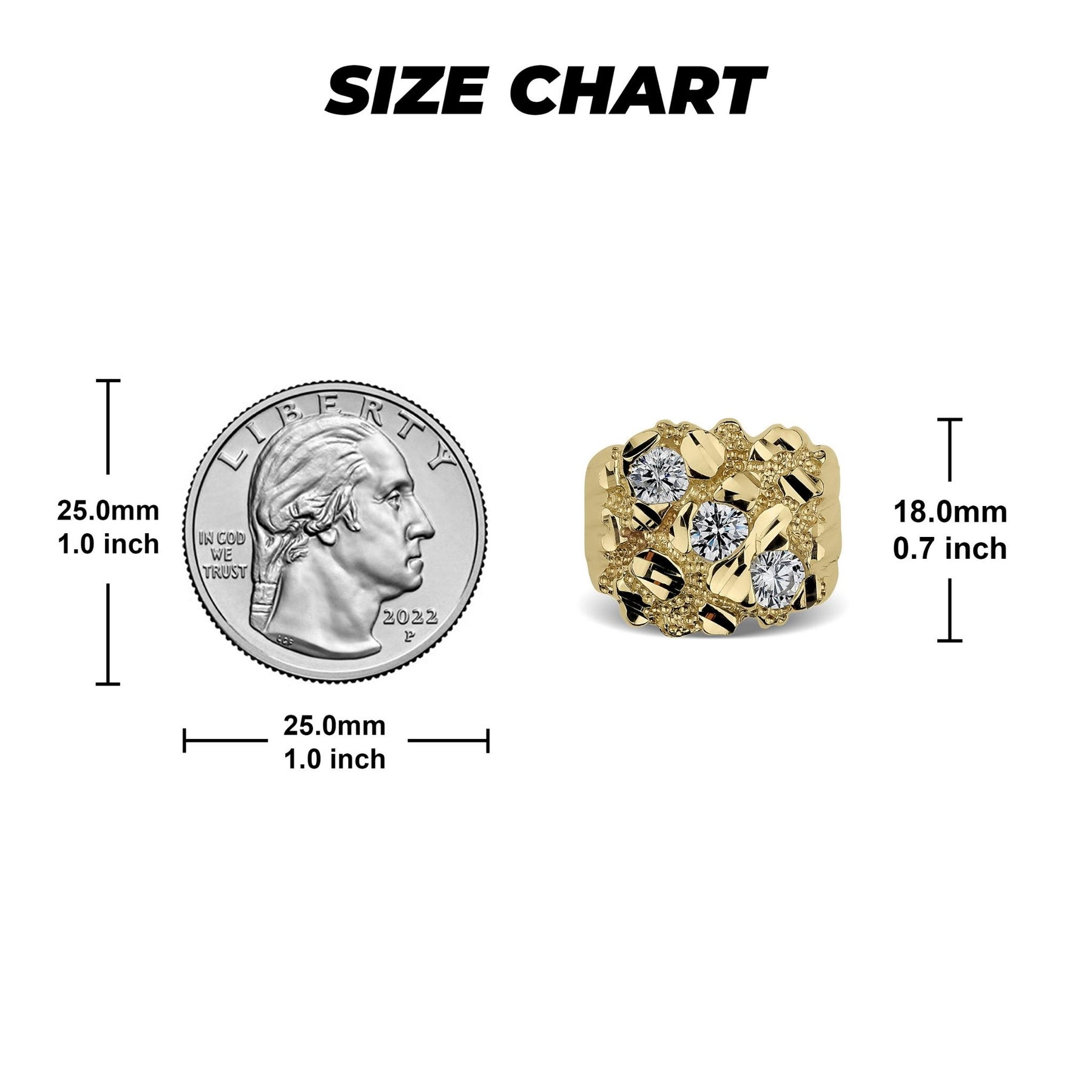 Size guide showing millimeter dimensions and scale for a sparkling gold nugget ring.