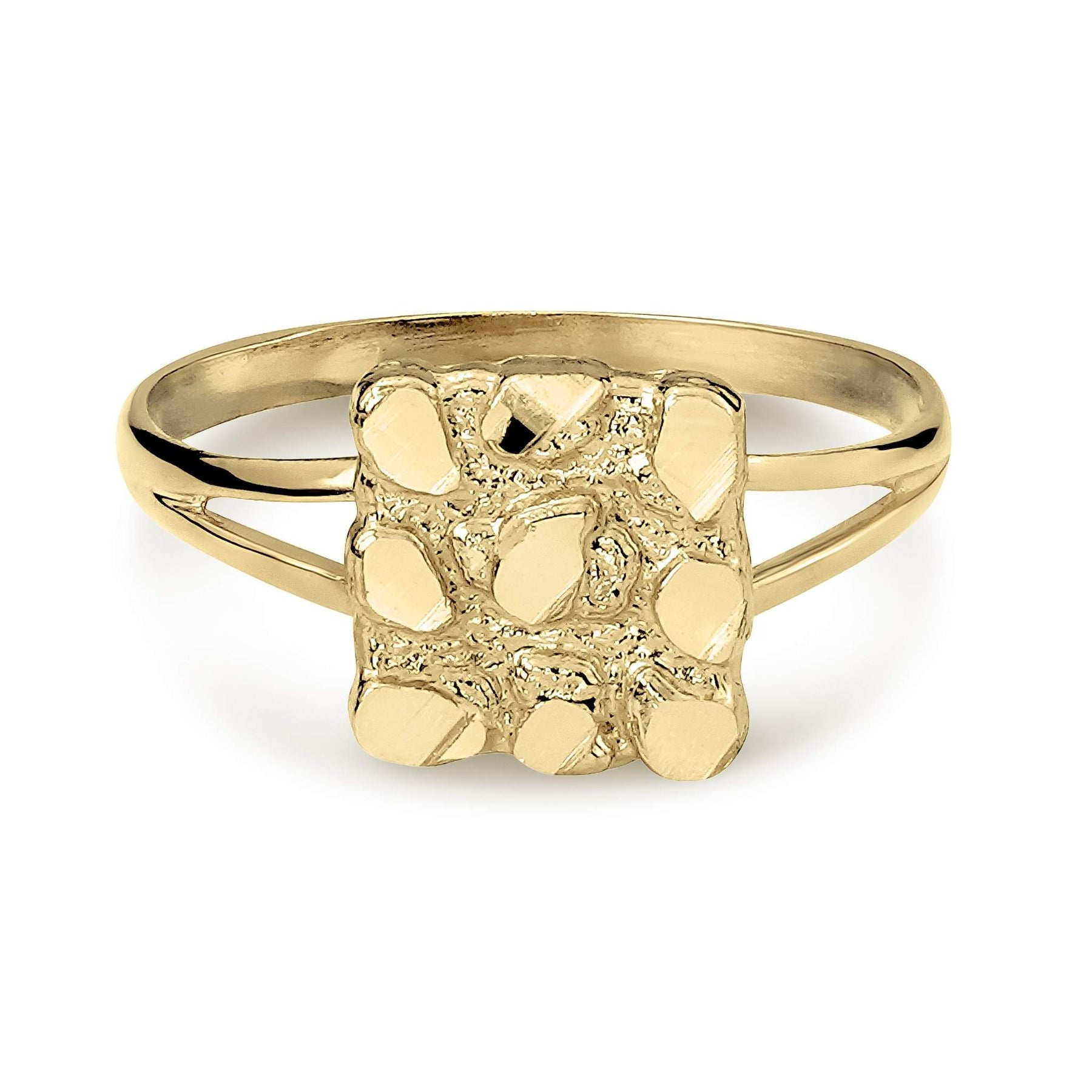 Yellow gold classic square nugget ring featuring a split-band design on white background.