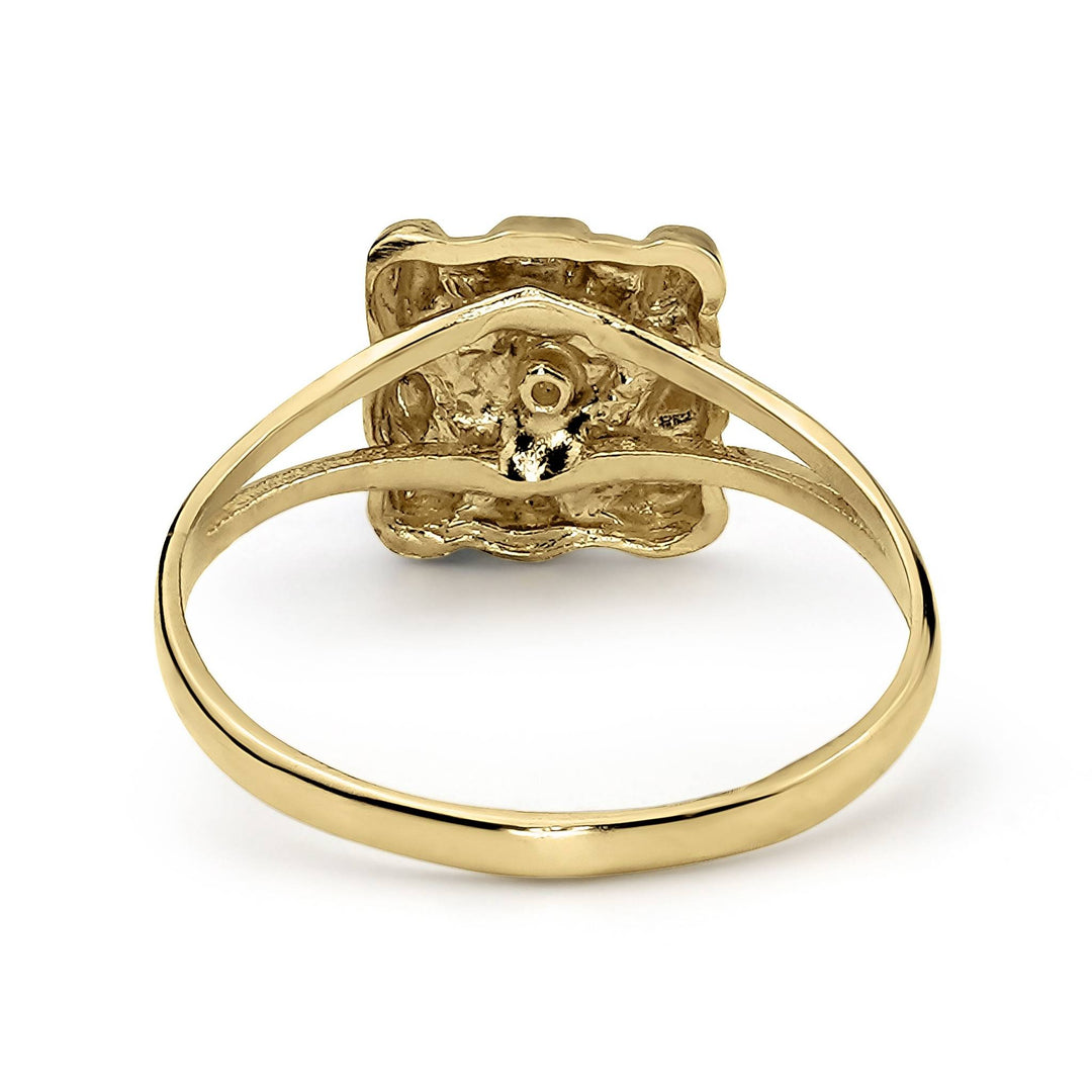 Back view of a yellow gold classic square nugget ring on white background.