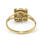 Back view of a yellow gold classic square nugget ring on white background.