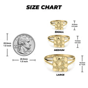 Gold nugget ring size chart comparing small, medium, and large sizes with a quarter.