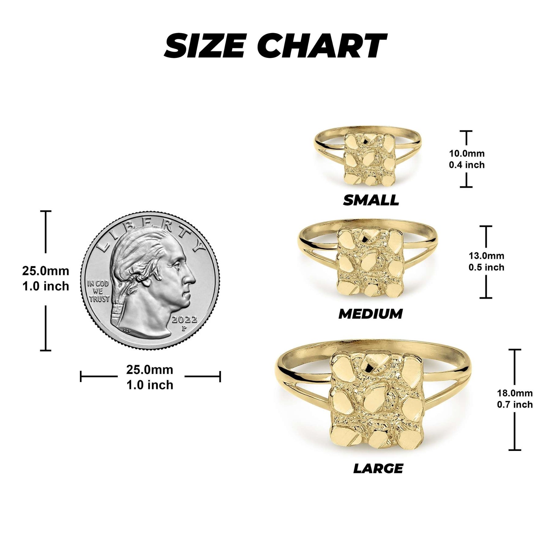 Gold nugget ring size chart comparing small, medium, and large sizes with a quarter.