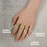 Gold classic nugget square rings in small, medium, and large on a hand.