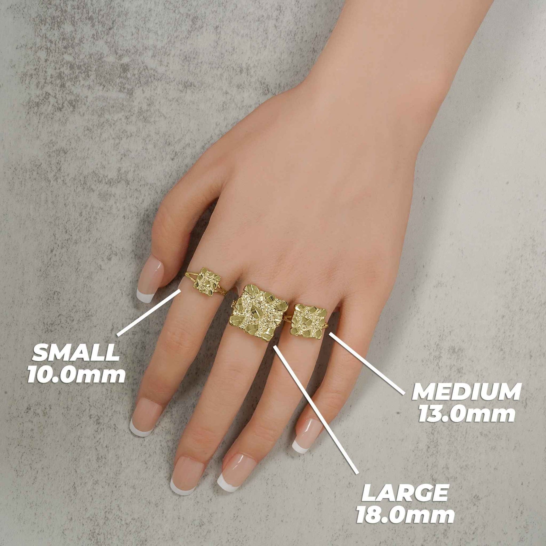 Gold classic nugget square rings in small, medium, and large on a hand.