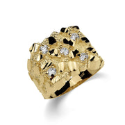 Side-angle view of a thick yellow gold square nugget ring featuring five cubic zirconias.