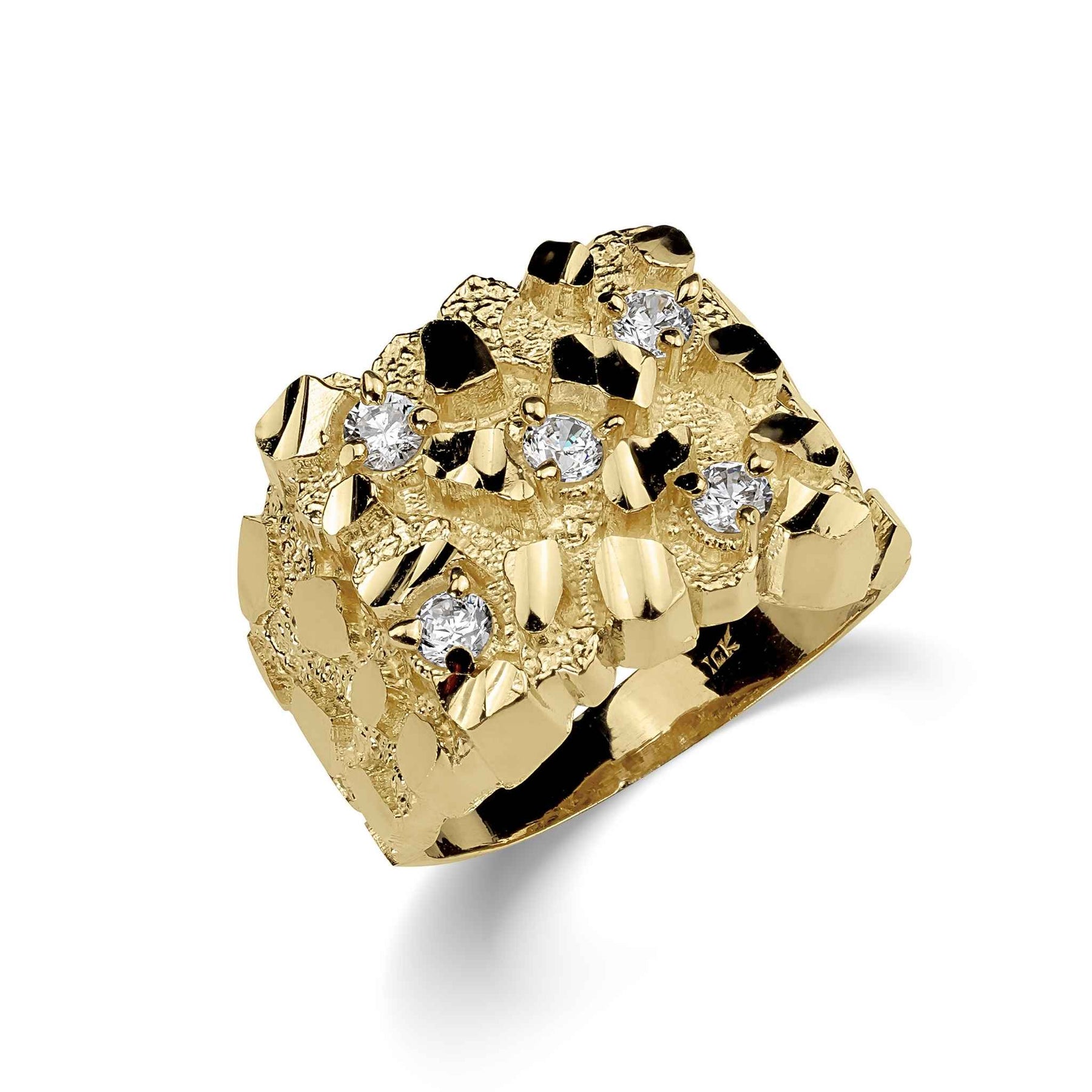 Side-angle view of a thick yellow gold square nugget ring featuring five cubic zirconias.
