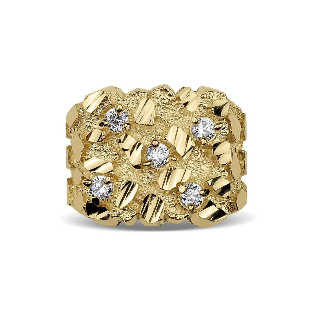 A heavy, diamond-cut gold ring shimmering with a cluster of five brilliantly set gemstones.
