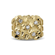 A heavy, diamond-cut gold ring shimmering with a cluster of five brilliantly set gemstones.
