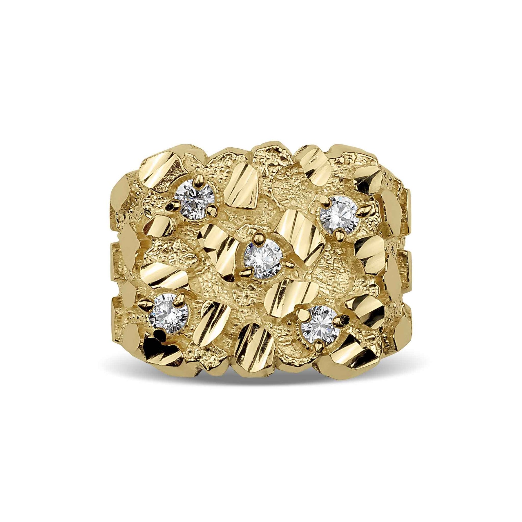 A heavy, diamond-cut gold ring shimmering with a cluster of five brilliantly set gemstones.
