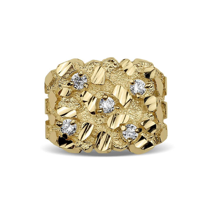 A heavy, diamond-cut gold ring shimmering with a cluster of five brilliantly set gemstones.