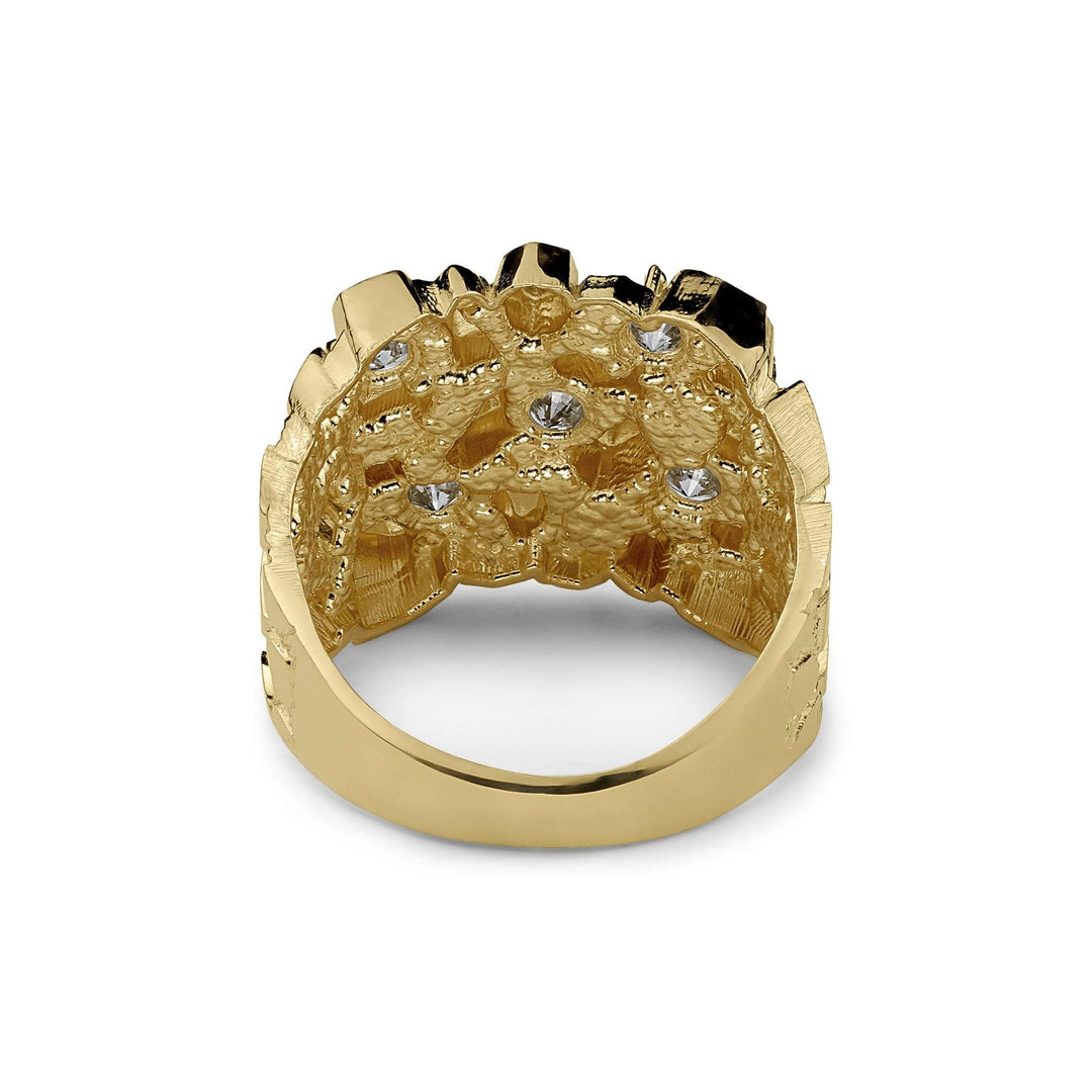 Inner band and hollow back view of a gold square nugget ring with cubic zirconia stones.