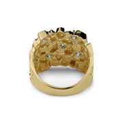 Inner band and hollow back view of a gold square nugget ring with cubic zirconia stones.