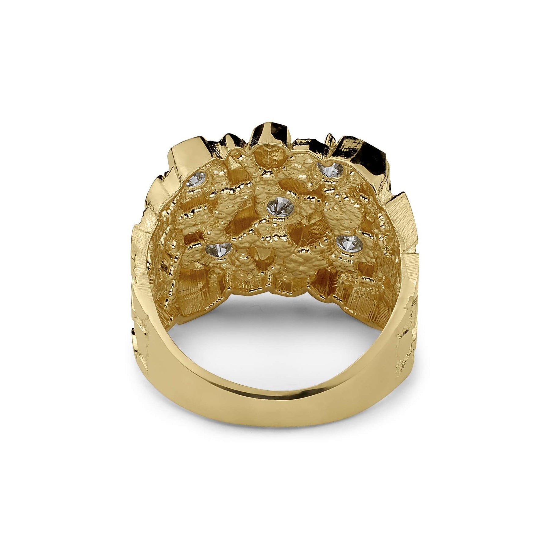 Inner band and hollow back view of a gold square nugget ring with cubic zirconia stones.
