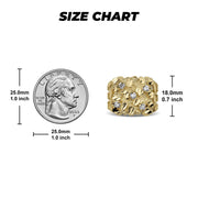 Size guide showing millimeter dimensions and scale for a sparkling gold nugget ring.