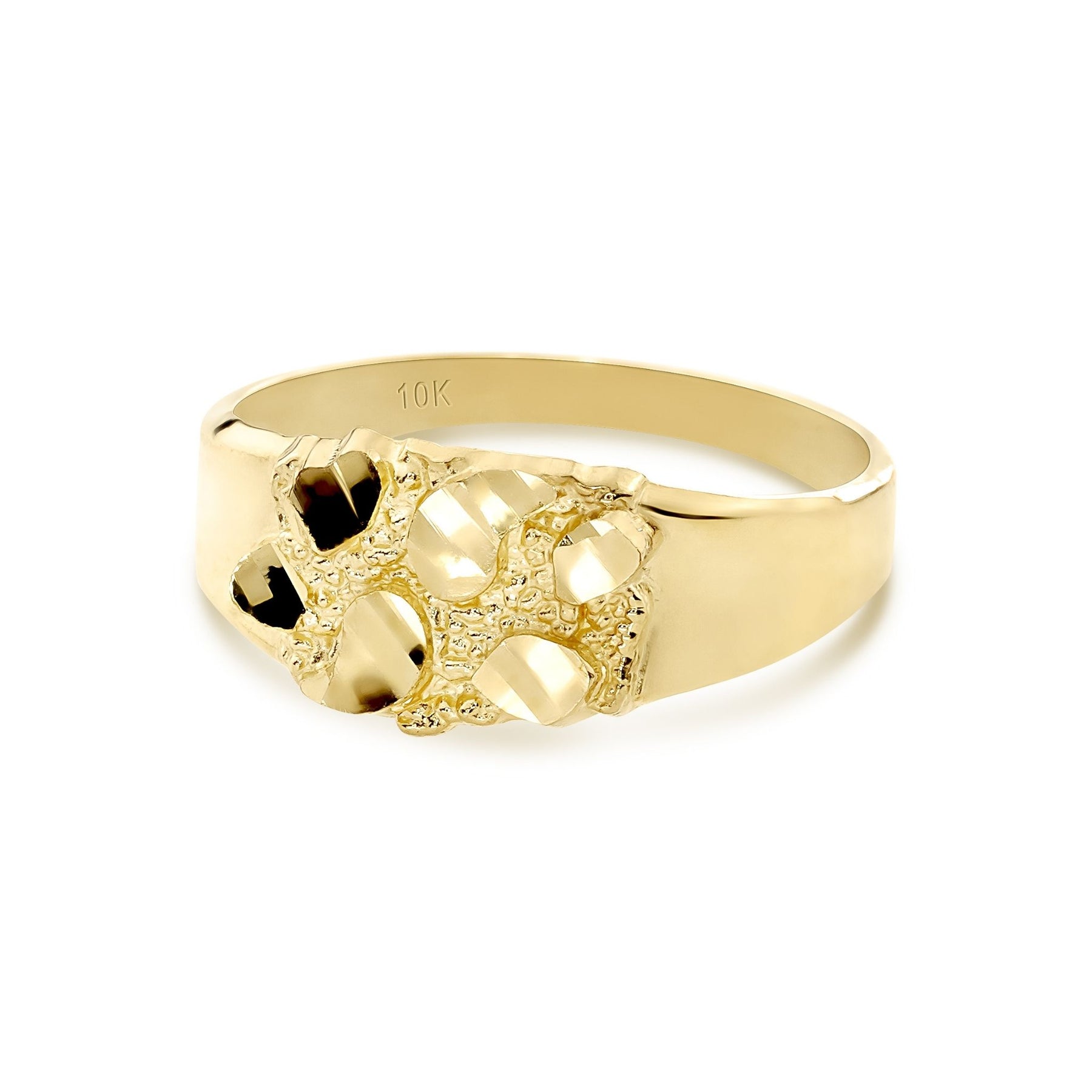 Front view of gold Oli slim nugget band ring showing internal 10K stamp.