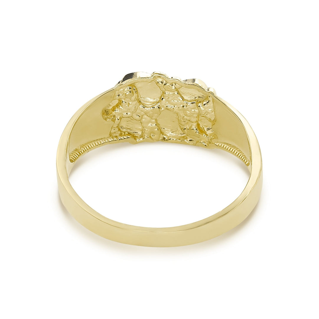 Textured yellow gold Oli nugget ring angled upward against a solid white background.
