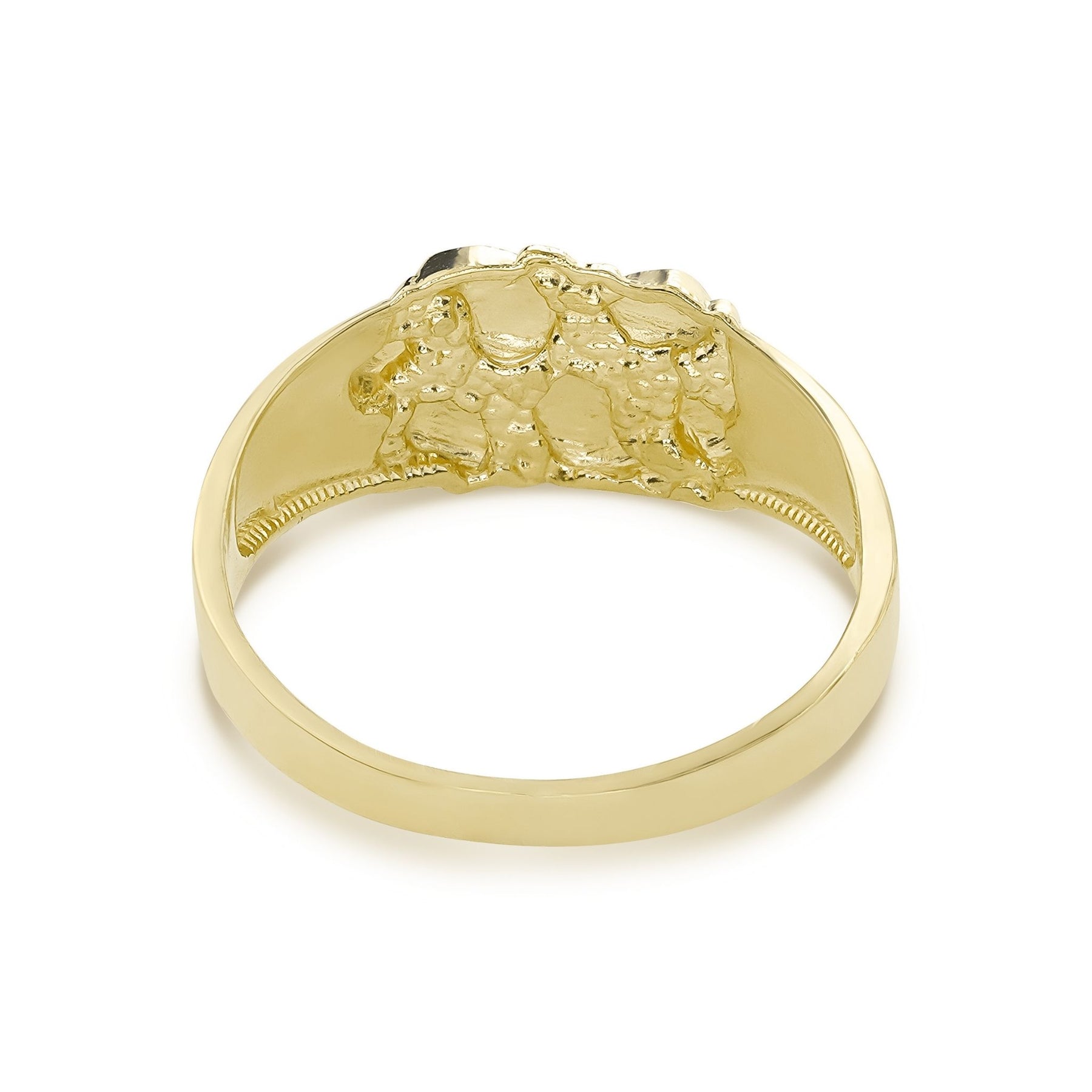 Textured yellow gold Oli nugget ring angled upward against a solid white background.