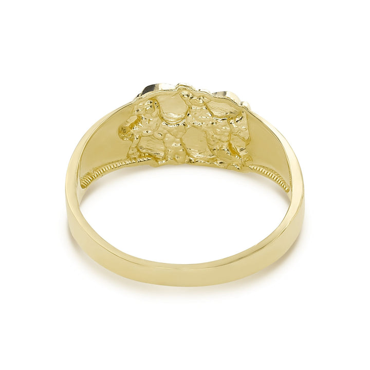 Textured yellow gold Oli nugget ring angled upward against a solid white background.