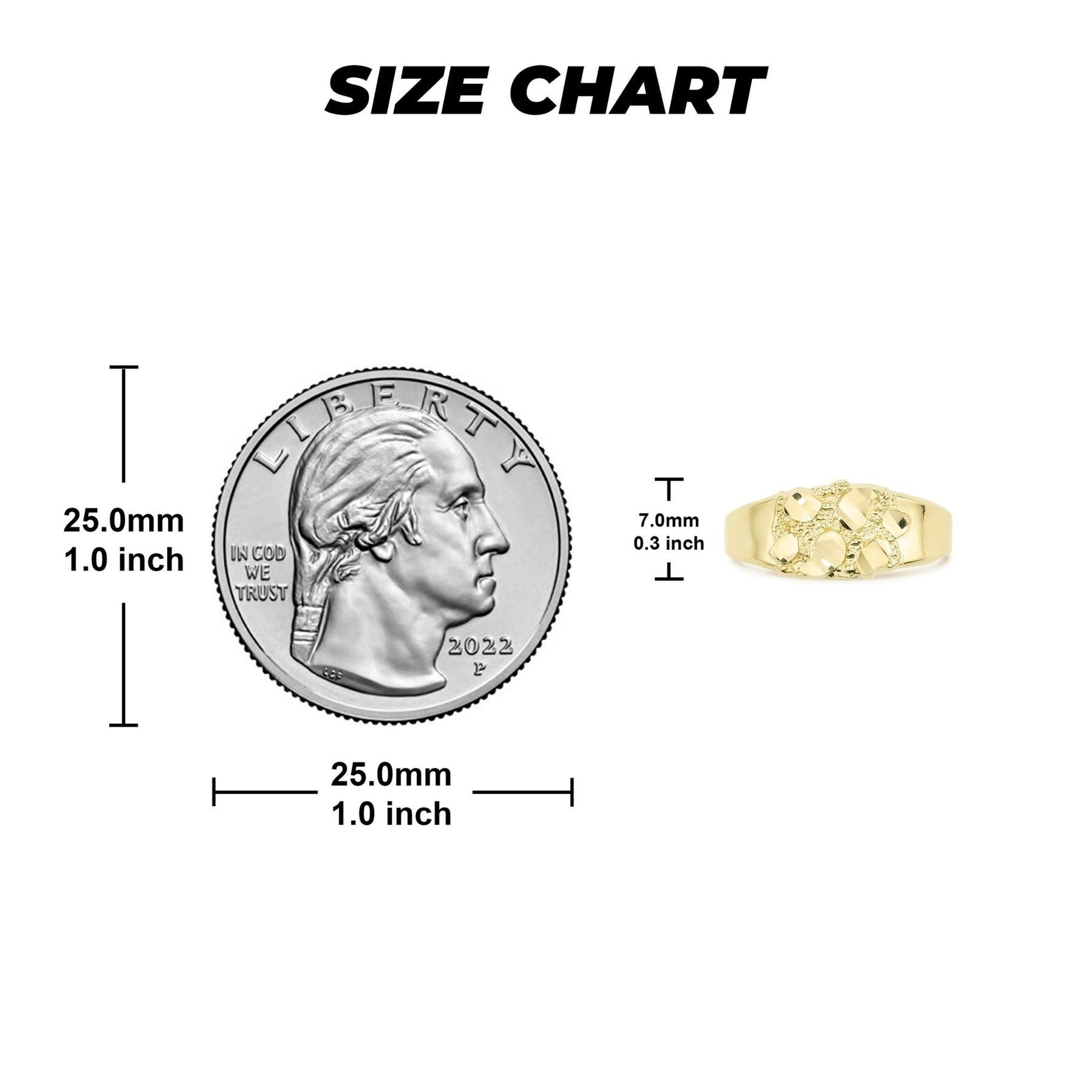 Gold Oli nugget band ring size chart with millimeter and inch measurements against a quarter.