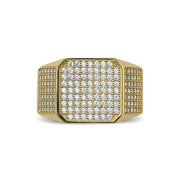 Close-up of a square-cut yellow gold signet ring encrusted with brilliant cubic zirconia stones.
