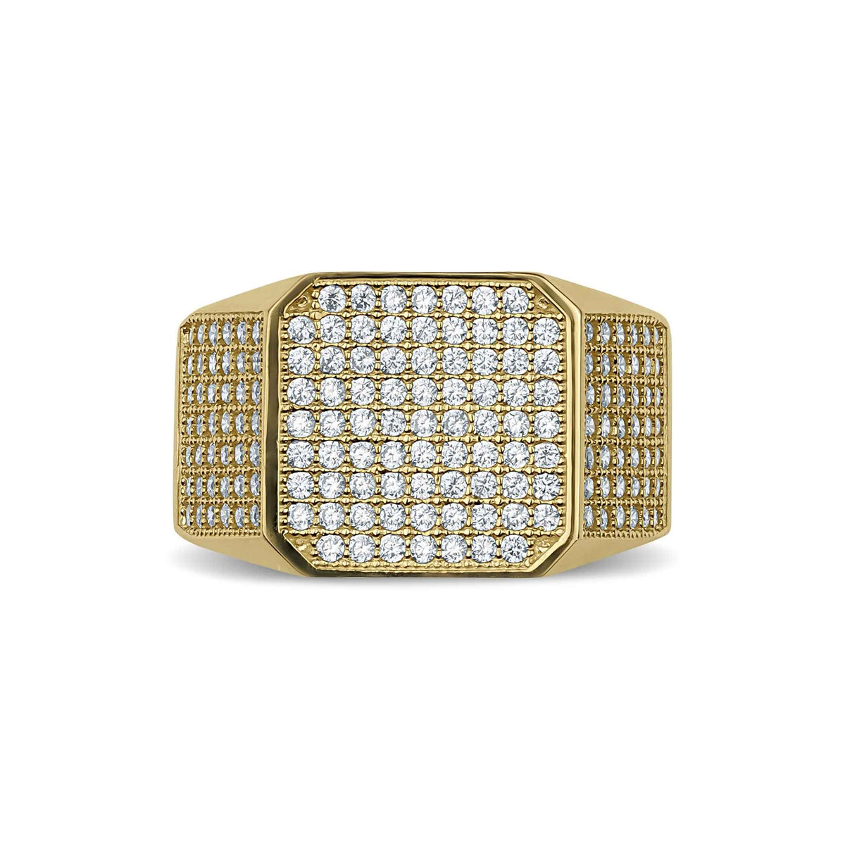 Close-up of a square-cut yellow gold signet ring encrusted with brilliant cubic zirconia stones.