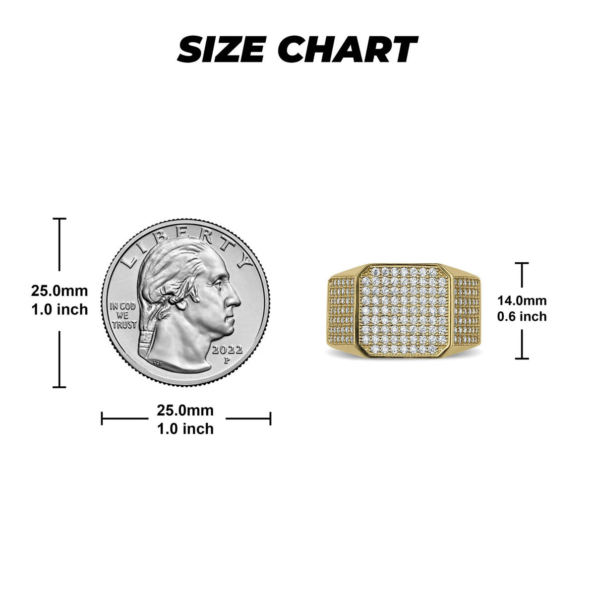 Gold Oren square signet cubic zirconia ring size chart with millimeter and inch dimensions.