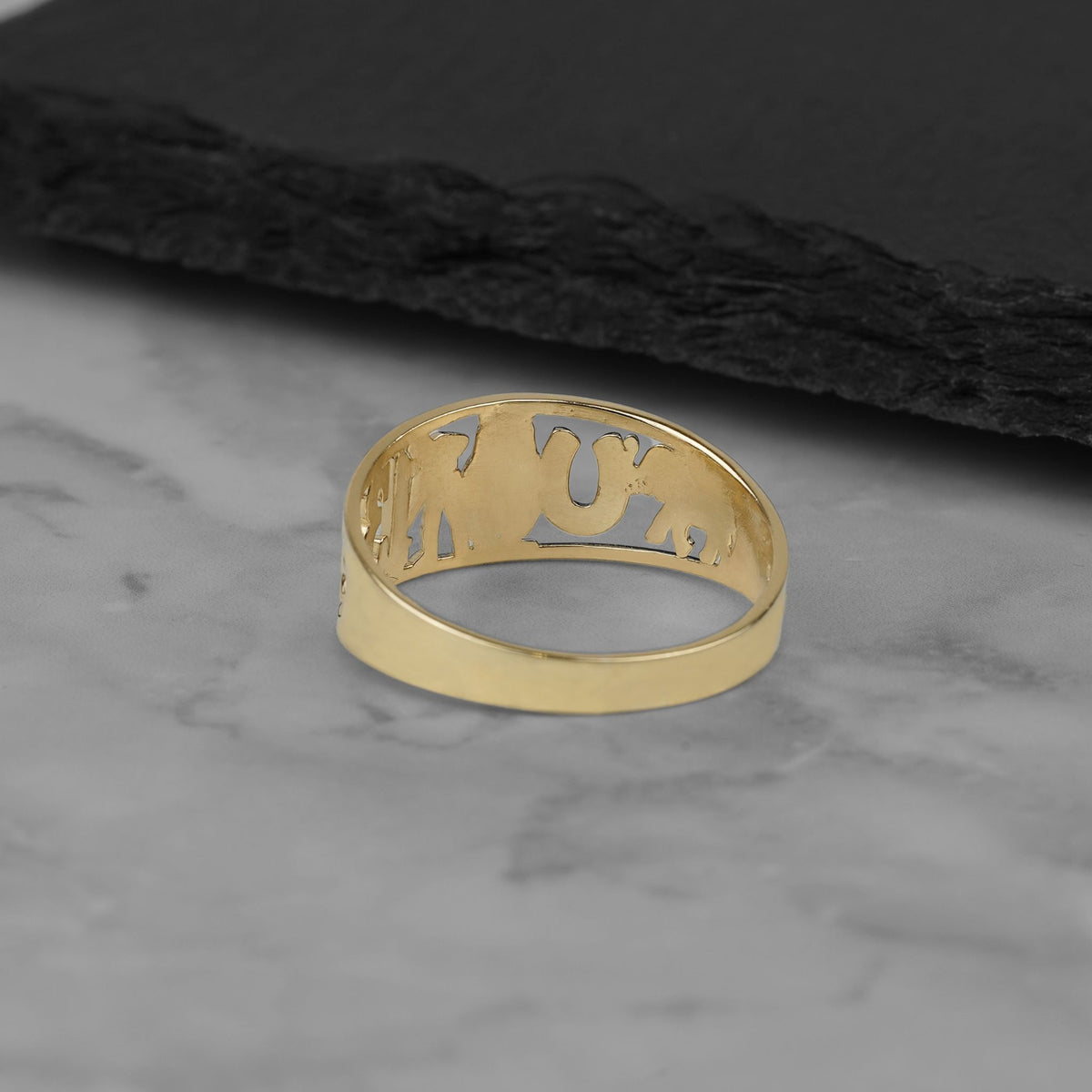 Top-angle shot of the 10k or 14k yellow gold lucky motif ring.