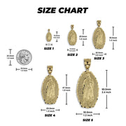 Size chart graphic showing five gold Guadalupe pendants (Size 1-5) with measurements and coin scale.