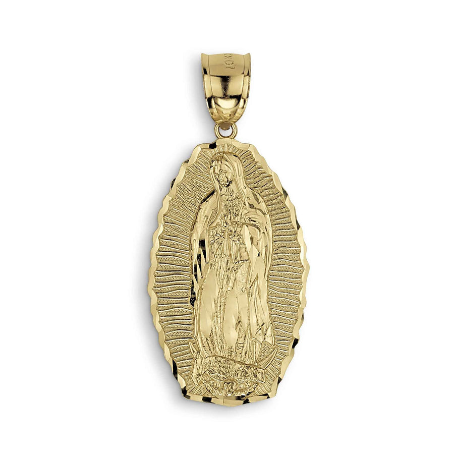 Yellow gold pendant featuring a detailed relief of Our Lady of Guadalupe, shown on a clean white background.
